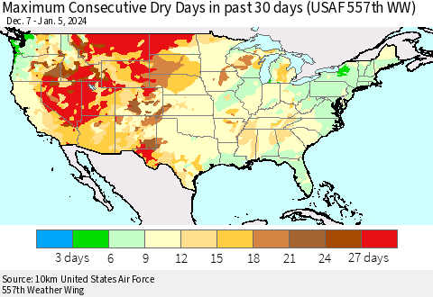 United States Maximum Consecutive Dry Days in past 30 days (USAF 557th WW) 01/05/2024 Thematic Map For 1/1/2024 - 1/5/2024