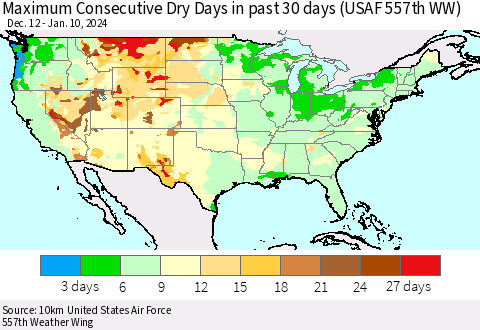 United States Maximum Consecutive Dry Days in past 30 days (USAF 557th WW) 01/10/2024 Thematic Map For 1/6/2024 - 1/10/2024