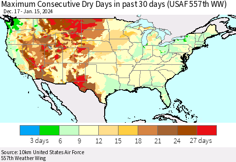 United States Maximum Consecutive Dry Days in past 30 days (USAF 557th WW) 01/15/2024 Thematic Map For 1/11/2024 - 1/15/2024