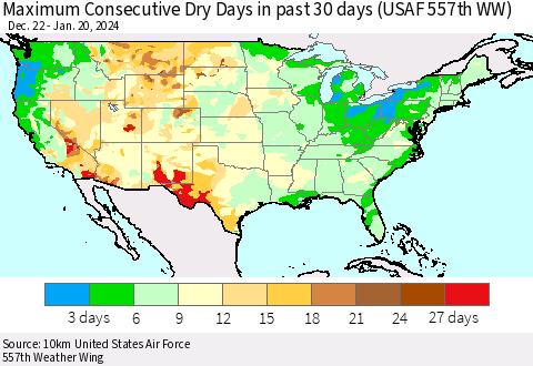 United States Maximum Consecutive Dry Days in past 30 days (USAF 557th WW) 01/20/2024 Thematic Map For 1/16/2024 - 1/20/2024
