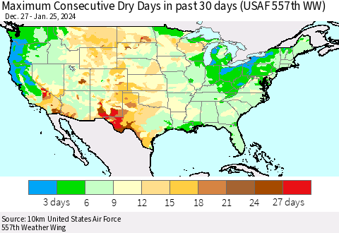 United States Maximum Consecutive Dry Days in past 30 days (USAF 557th WW) 01/25/2024 Thematic Map For 1/21/2024 - 1/25/2024