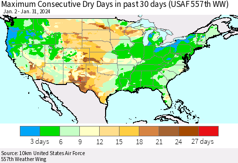 United States Maximum Consecutive Dry Days in past 30 days (USAF 557th WW) 01/31/2024 Thematic Map For 1/26/2024 - 1/31/2024