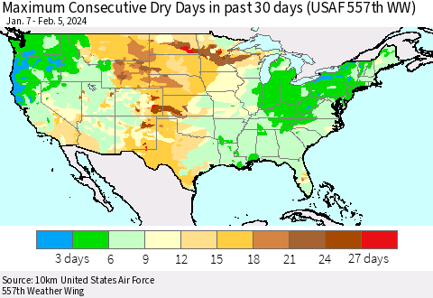 United States Maximum Consecutive Dry Days in past 30 days (USAF 557th WW) 02/05/2024 Thematic Map For 2/1/2024 - 2/5/2024