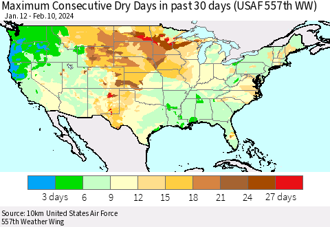 United States Maximum Consecutive Dry Days in past 30 days (USAF 557th WW) 02/10/2024 Thematic Map For 2/6/2024 - 2/10/2024