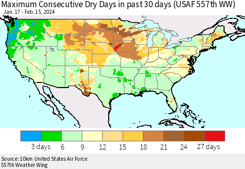 United States Maximum Consecutive Dry Days in past 30 days (USAF 557th WW) 02/15/2024 Thematic Map For 2/11/2024 - 2/15/2024