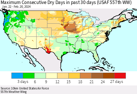 United States Maximum Consecutive Dry Days in past 30 days (USAF 557th WW) 02/20/2024 Thematic Map For 2/16/2024 - 2/20/2024