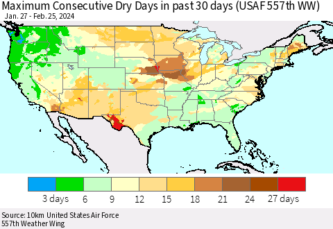 United States Maximum Consecutive Dry Days in past 30 days (USAF 557th WW) 02/25/2024 Thematic Map For 2/21/2024 - 2/25/2024