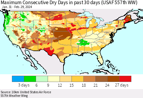 United States Maximum Consecutive Dry Days in past 30 days (USAF 557th WW) 02/29/2024 Thematic Map For 2/26/2024 - 2/29/2024