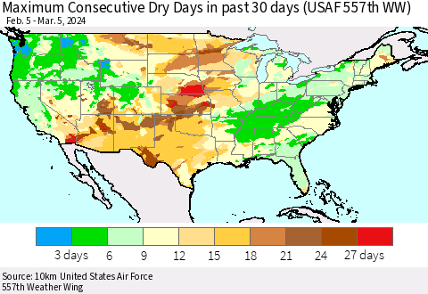 United States Maximum Consecutive Dry Days in past 30 days (USAF 557th WW) 03/05/2024 Thematic Map For 3/1/2024 - 3/5/2024