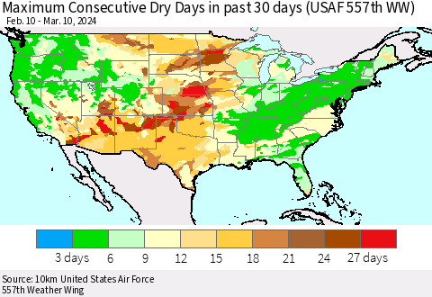 United States Maximum Consecutive Dry Days in past 30 days (USAF 557th WW) 03/10/2024 Thematic Map For 3/6/2024 - 3/10/2024