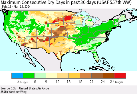 United States Maximum Consecutive Dry Days in past 30 days (USAF 557th WW) 03/15/2024 Thematic Map For 3/11/2024 - 3/15/2024
