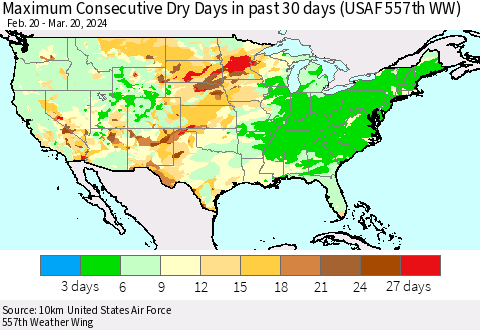 United States Maximum Consecutive Dry Days in past 30 days (USAF 557th WW) 03/20/2024 Thematic Map For 3/16/2024 - 3/20/2024