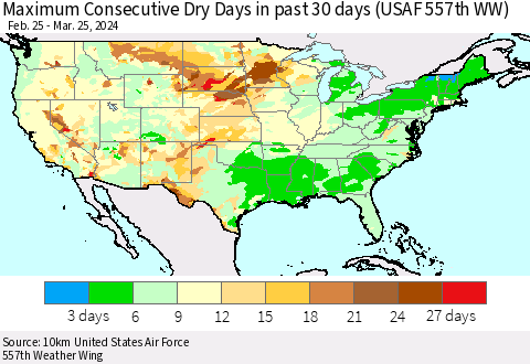 United States Maximum Consecutive Dry Days in past 30 days (USAF 557th WW) 03/25/2024 Thematic Map For 3/21/2024 - 3/25/2024
