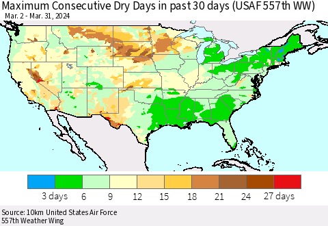 United States Maximum Consecutive Dry Days in past 30 days (USAF 557th WW) 03/31/2024 Thematic Map For 3/26/2024 - 3/31/2024