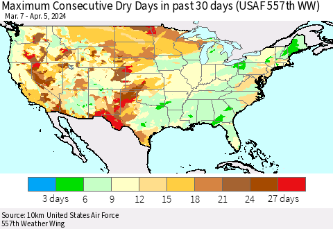 United States Maximum Consecutive Dry Days in past 30 days (USAF 557th WW) 04/05/2024 Thematic Map For 4/1/2024 - 4/5/2024