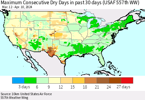 United States Maximum Consecutive Dry Days in past 30 days (USAF 557th WW) 04/10/2024 Thematic Map For 4/6/2024 - 4/10/2024