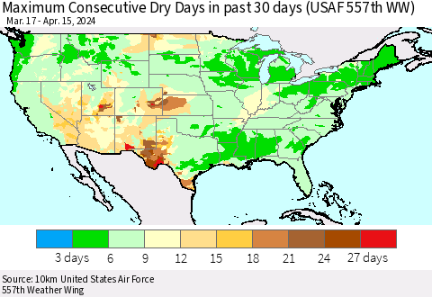 United States Maximum Consecutive Dry Days in past 30 days (USAF 557th WW) 04/15/2024 Thematic Map For 4/11/2024 - 4/15/2024