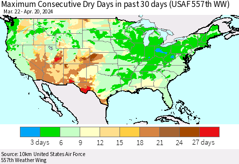 United States Maximum Consecutive Dry Days in past 30 days (USAF 557th WW) 04/20/2024 Thematic Map For 4/16/2024 - 4/20/2024