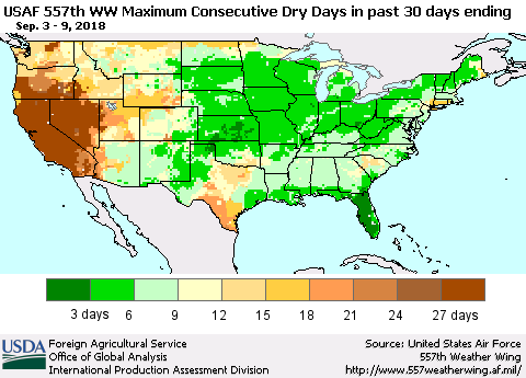 United States Maximum Consecutive Dry Days in past 30 days (USAF 557th WW) 09/09/2018 Thematic Map For 9/3/2018 - 9/9/2018
