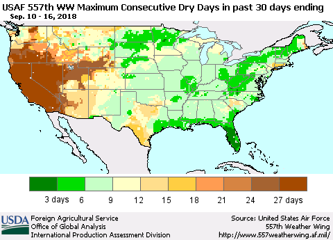 United States Maximum Consecutive Dry Days in past 30 days (USAF 557th WW) 09/16/2018 Thematic Map For 9/10/2018 - 9/16/2018