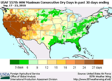 United States Maximum Consecutive Dry Days in past 30 days (USAF 557th WW) 09/23/2018 Thematic Map For 9/17/2018 - 9/23/2018