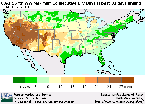 United States Maximum Consecutive Dry Days in past 30 days (USAF 557th WW) 10/07/2018 Thematic Map For 10/1/2018 - 10/7/2018