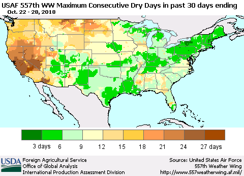 United States Maximum Consecutive Dry Days in past 30 days (USAF 557th WW) 10/28/2018 Thematic Map For 10/22/2018 - 10/28/2018