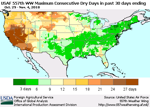 United States Maximum Consecutive Dry Days in past 30 days (USAF 557th WW) 11/04/2018 Thematic Map For 10/29/2018 - 11/4/2018