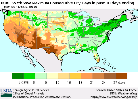 United States Maximum Consecutive Dry Days in past 30 days (USAF 557th WW) 12/02/2018 Thematic Map For 11/26/2018 - 12/2/2018