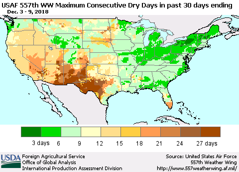 United States Maximum Consecutive Dry Days in past 30 days (USAF 557th WW) 12/09/2018 Thematic Map For 12/3/2018 - 12/9/2018