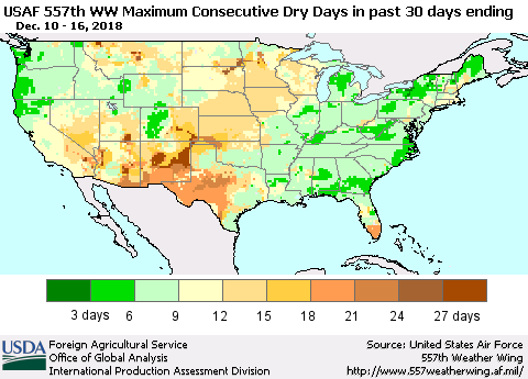 United States Maximum Consecutive Dry Days in past 30 days (USAF 557th WW) 12/16/2018 Thematic Map For 12/10/2018 - 12/16/2018