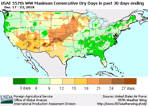United States Maximum Consecutive Dry Days in past 30 days (USAF 557th WW) 12/23/2018 Thematic Map For 12/17/2018 - 12/23/2018