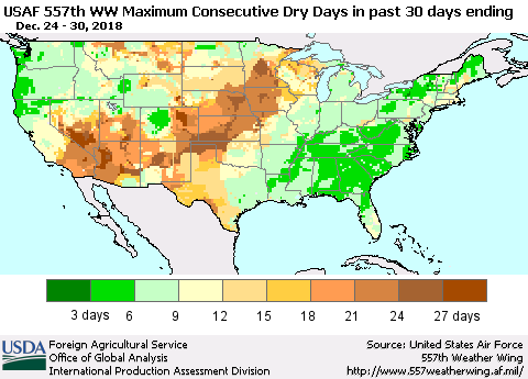 United States Maximum Consecutive Dry Days in past 30 days (USAF 557th WW) 12/30/2018 Thematic Map For 12/24/2018 - 12/30/2018
