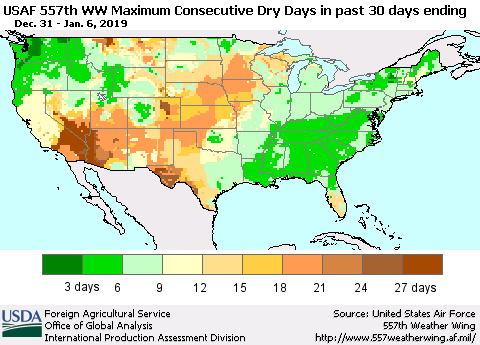 United States Maximum Consecutive Dry Days in past 30 days (USAF 557th WW) 01/06/2019 Thematic Map For 12/31/2018 - 1/6/2019