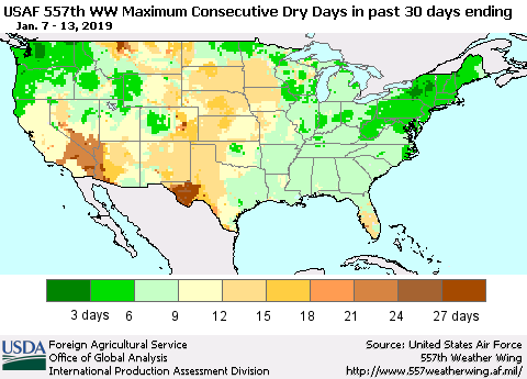 United States Maximum Consecutive Dry Days in past 30 days (USAF 557th WW) 01/13/2019 Thematic Map For 1/7/2019 - 1/13/2019