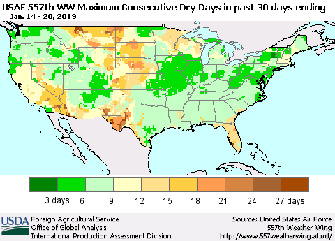 United States Maximum Consecutive Dry Days in past 30 days (USAF 557th WW) 01/20/2019 Thematic Map For 1/14/2019 - 1/20/2019