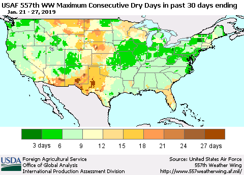 United States Maximum Consecutive Dry Days in past 30 days (USAF 557th WW) 01/27/2019 Thematic Map For 1/21/2019 - 1/27/2019