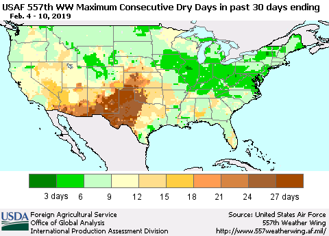 United States Maximum Consecutive Dry Days in past 30 days (USAF 557th WW) 02/10/2019 Thematic Map For 2/4/2019 - 2/10/2019