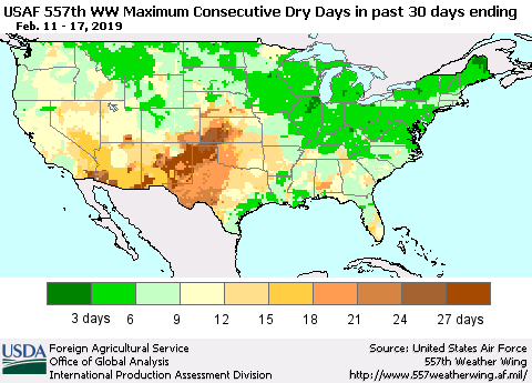 United States Maximum Consecutive Dry Days in past 30 days (USAF 557th WW) 02/17/2019 Thematic Map For 2/11/2019 - 2/17/2019