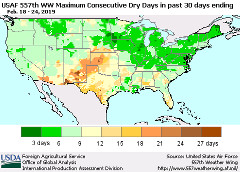 United States Maximum Consecutive Dry Days in past 30 days (USAF 557th WW) 02/24/2019 Thematic Map For 2/18/2019 - 2/24/2019