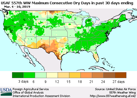 United States Maximum Consecutive Dry Days in past 30 days (USAF 557th WW) 03/10/2019 Thematic Map For 3/4/2019 - 3/10/2019