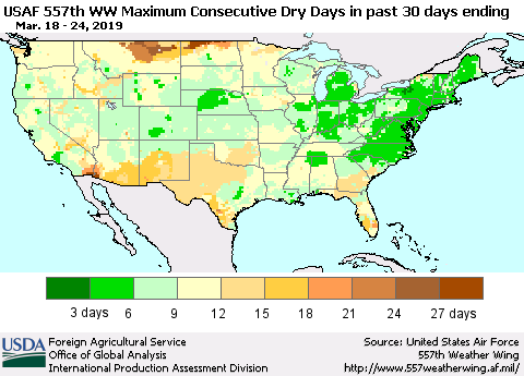 United States Maximum Consecutive Dry Days in past 30 days (USAF 557th WW) 03/24/2019 Thematic Map For 3/18/2019 - 3/24/2019
