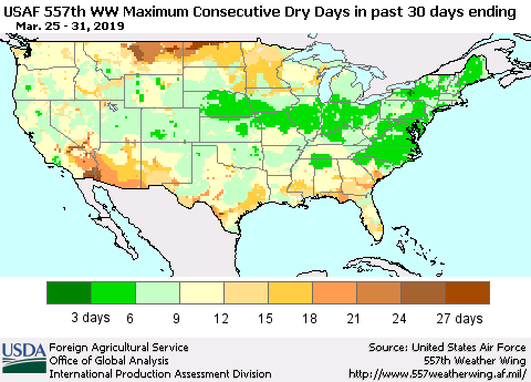 United States Maximum Consecutive Dry Days in past 30 days (USAF 557th WW) 03/31/2019 Thematic Map For 3/25/2019 - 3/31/2019