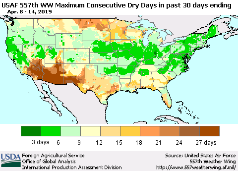 United States Maximum Consecutive Dry Days in past 30 days (USAF 557th WW) 04/14/2019 Thematic Map For 4/8/2019 - 4/14/2019
