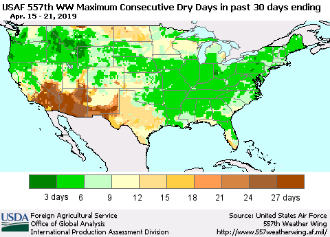 United States Maximum Consecutive Dry Days in past 30 days (USAF 557th WW) 04/21/2019 Thematic Map For 4/15/2019 - 4/21/2019