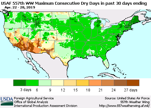 United States Maximum Consecutive Dry Days in past 30 days (USAF 557th WW) 04/28/2019 Thematic Map For 4/22/2019 - 4/28/2019