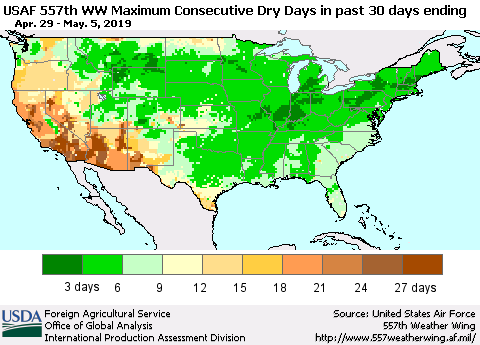 United States Maximum Consecutive Dry Days in past 30 days (USAF 557th WW) 05/05/2019 Thematic Map For 4/29/2019 - 5/5/2019