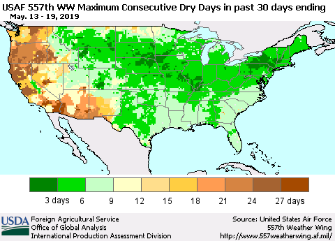 United States Maximum Consecutive Dry Days in past 30 days (USAF 557th WW) 05/19/2019 Thematic Map For 5/13/2019 - 5/19/2019