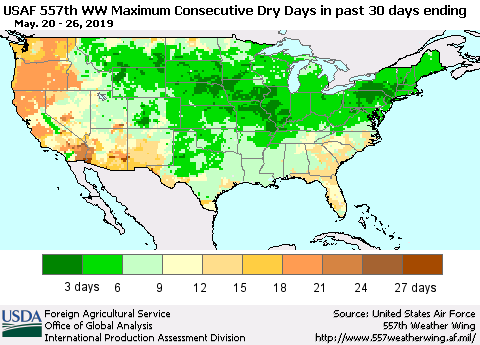 United States Maximum Consecutive Dry Days in past 30 days (USAF 557th WW) 05/26/2019 Thematic Map For 5/20/2019 - 5/26/2019