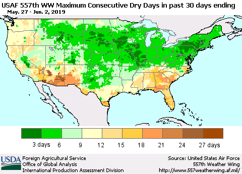 United States Maximum Consecutive Dry Days in past 30 days (USAF 557th WW) 06/02/2019 Thematic Map For 5/27/2019 - 6/2/2019
